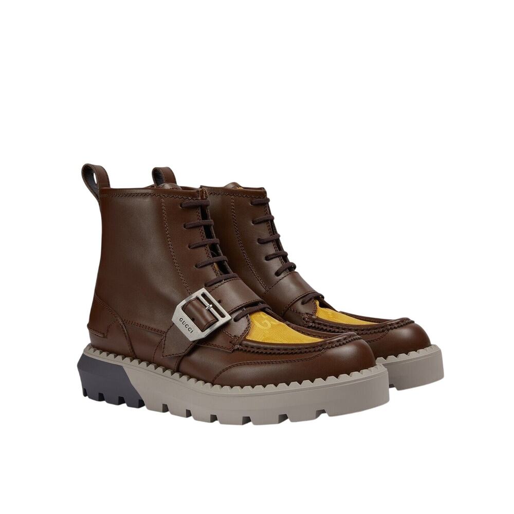 NIB Gucci GG Lace-Up Boots 9 US 9.5 Brown Leather Yellow Insert Side Zip $1600